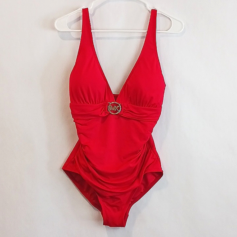Michael Kors Red One Piece Bathing Suit Plunge Neckline Ruched Gold Emblem Sz 10